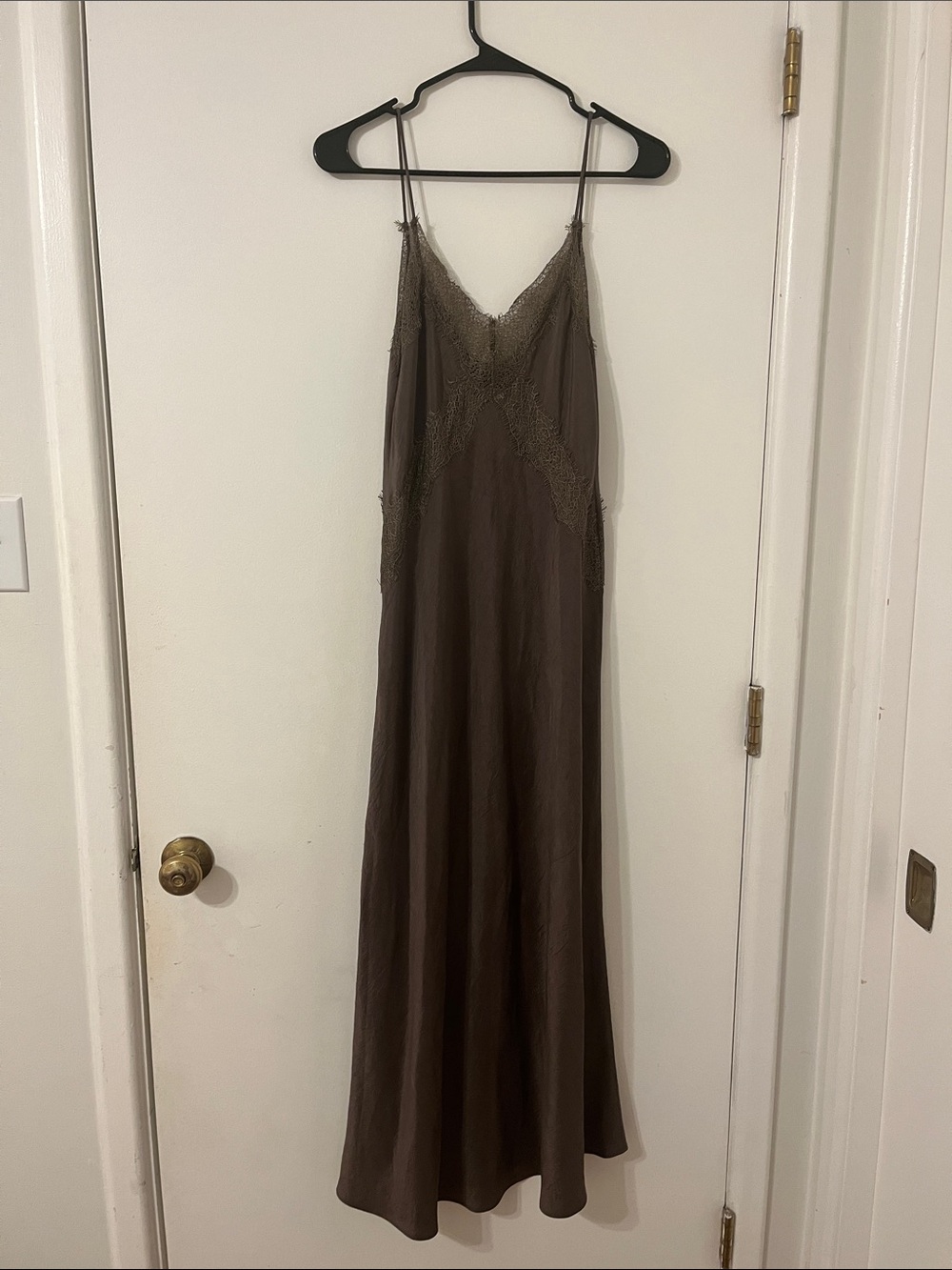 Massimo Dutti Satin Slip Dress with Lace Trim in Brown